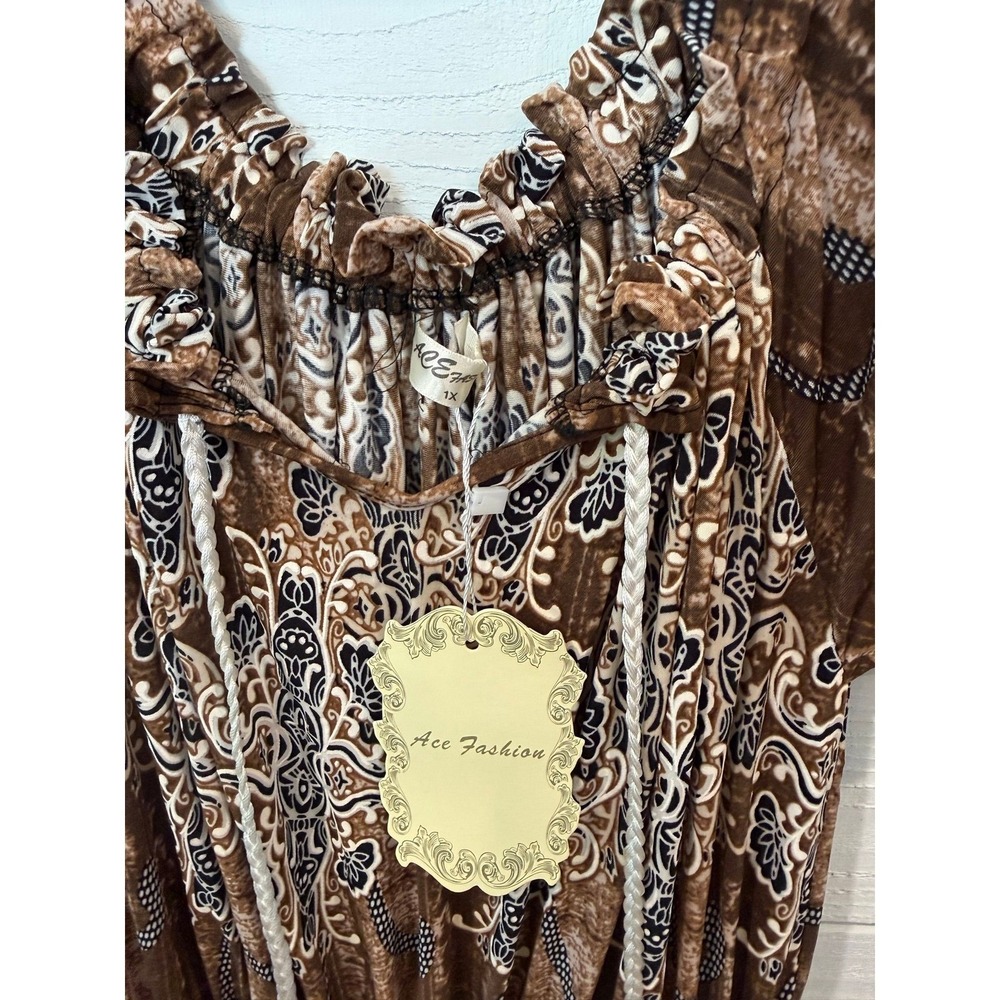 Ace Fashion Maxi Dress Womens 2X Brown NWT Boho Paisley Tassel Flutter Sleeve - Picture 2 of 3